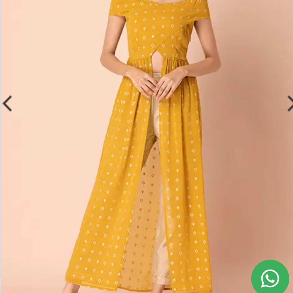 NWT Yellow Foil Off Shoulder High Slit Kurta